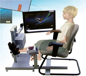 Robotic training device setup. (Reprinted with permission from Sukal-Moulton T, Clancy, T, Zhang LQ, Gaebler- Spira D. Clinical application of a robotic ankle training program for cerebral palsy compared to the research lab- oratory application: Does it translate to practice? Arch Phys Med Rehabil 2014 May 1. [Epub ahead of print])