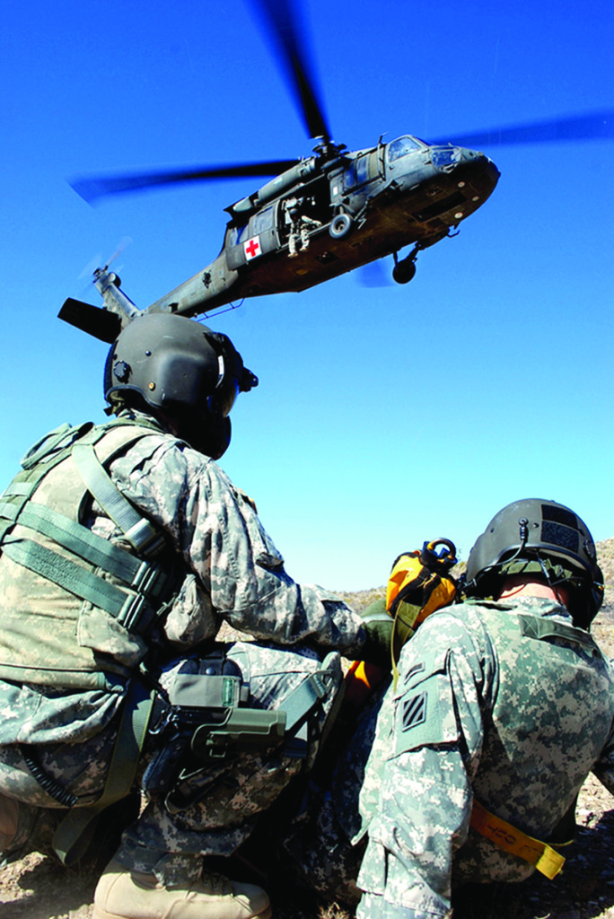 A Medevac Black Hawk from Company C, 2nd Battalion, 3rd Aviation Regiment, during a training exercise. (Image courtesy of the US Army.)