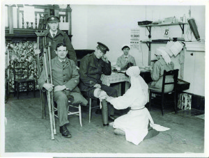 The Peg Leg Department of the Surgical Appliances Association in London, allied with the American Red Cross, supplied splints and similar appliances for American soldiers in Europe. Soldiers wore the peg legs while stumps healed and they waited for fitting of regular artificial limbs. (Image courtesy of the Contributed Photographs Collection, Otis Historical Archives, National Museum of Health and Medicine.)