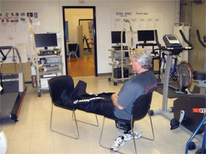 Figure 2. NormaTec leggings deflated. The subject sat in this position for 15 minutes while the leggings were inflated in a PPC sequence (experimental condition) or delated (control condition).