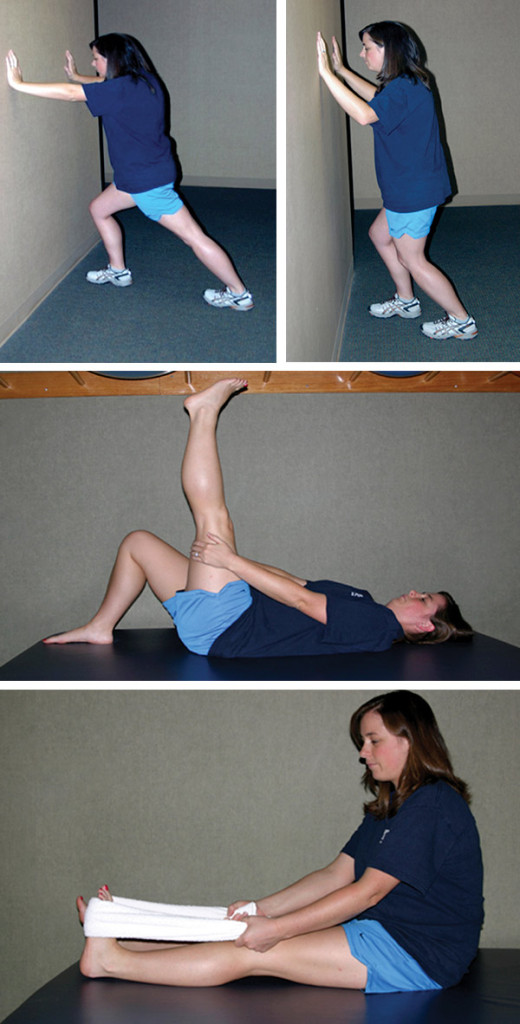 Figure 1.  Conventional stretches for insertional Achilles tendinopathy. (A) Gastrocnemius stretch. With the knee straight and heel on the floor (involved foot back), the patient leans forward. (B) Soleus stretch. With the knee bent and the heel on the floor (involved foot back) the patient leans forward. (C) Hamstring stretch. Lying supine, the hands (or a towel) are placed around the posterior aspect of the knee. The knee is slowly straightened until a stretch is felt.  Then, keeping this position, the foot is pulled toward the face. (D) Sitting in an upright position with the involved knee straight, a towel is placed around the ball of the foot. Using both hands, the patient pulls the towel, bending the foot toward the face. (Reprinted with permission from Kedia et al).24 